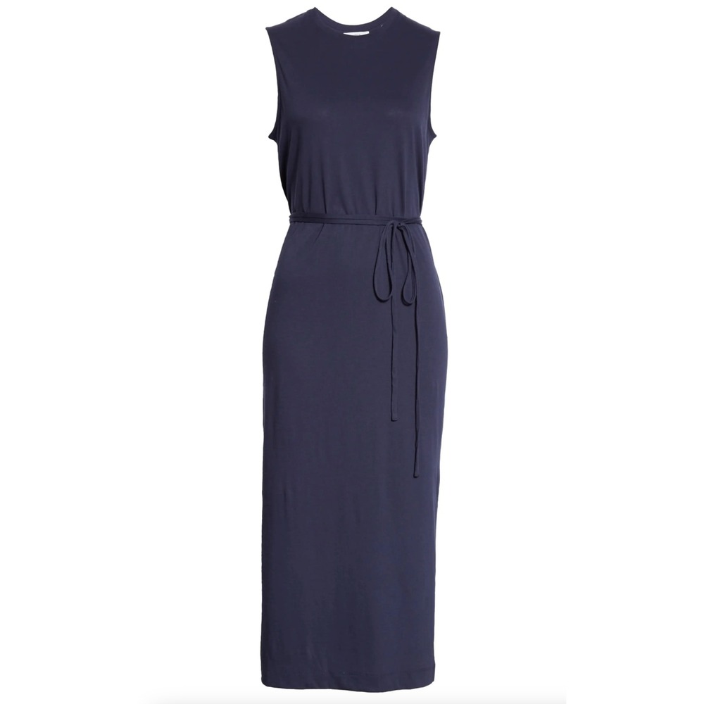 Vince Sleeveless Midi Dress Pima Cotton Tie Waist Navy Blue Womens Size XS